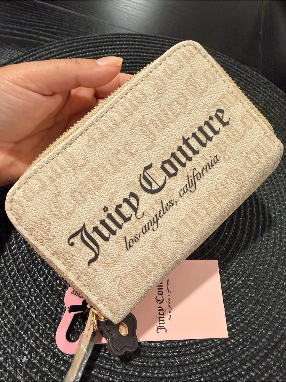 Juicy Couture Beige Logo Compact Zip Wallet with Flower Charm
